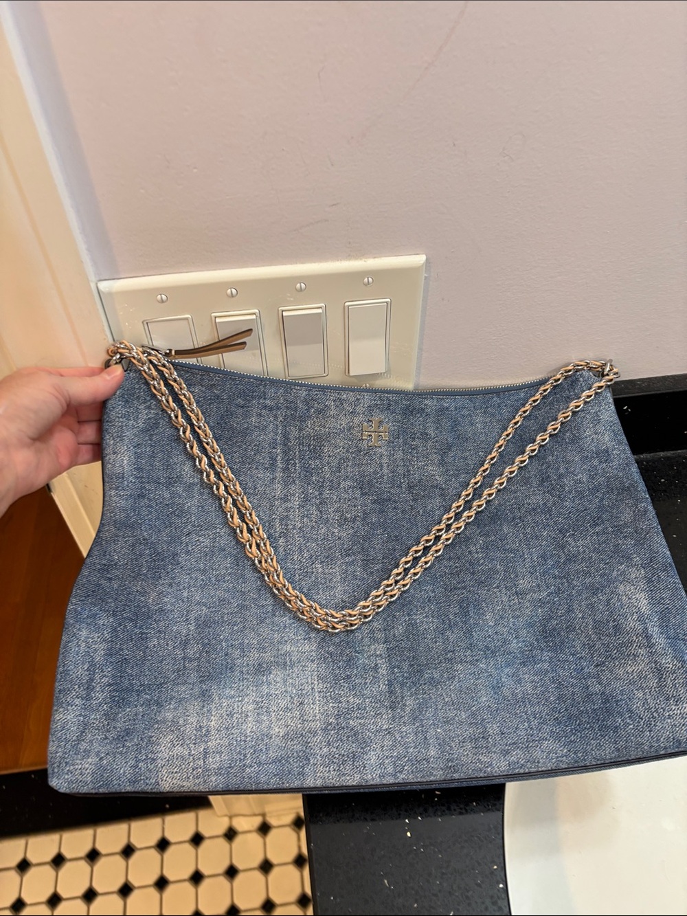 Tory Burch Denim Shoulder Bag with Silver Chain with leather